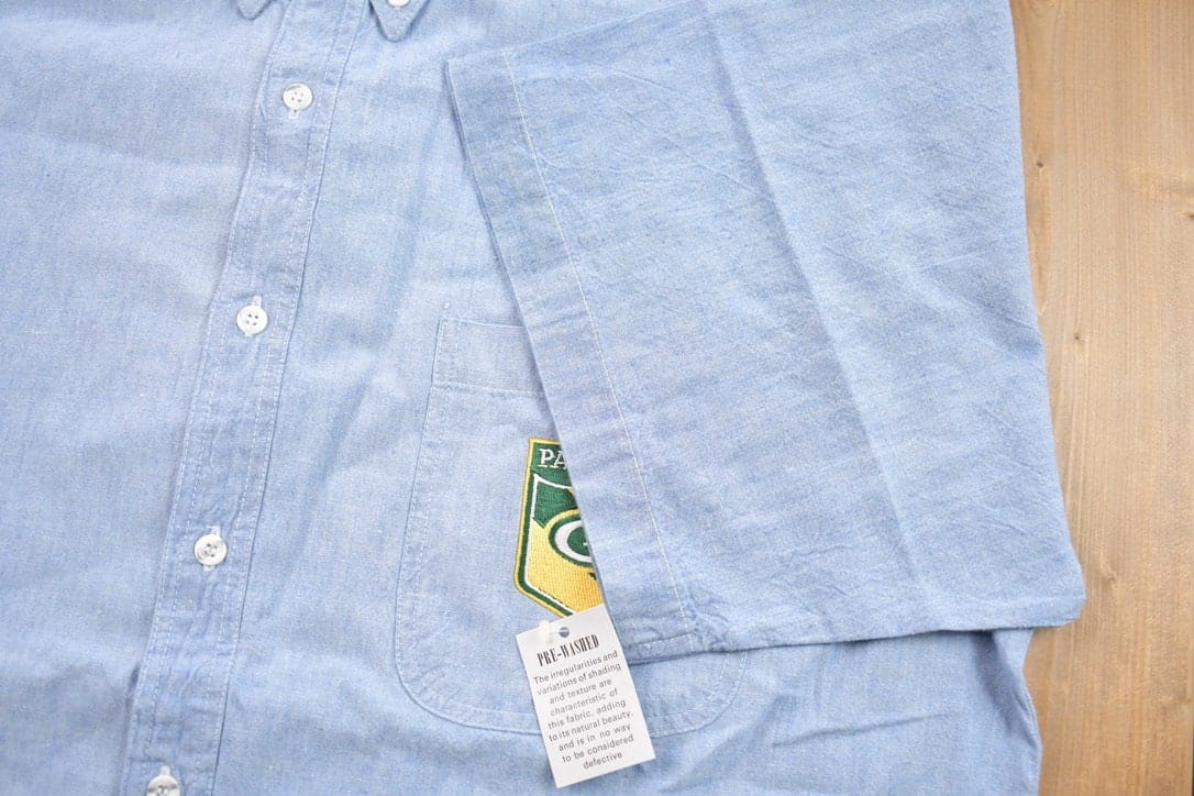 Vintage 1990s Embroidered Green Bay Packers NFL Denim Button Up T-Shirt Men's 2XL - Image 4