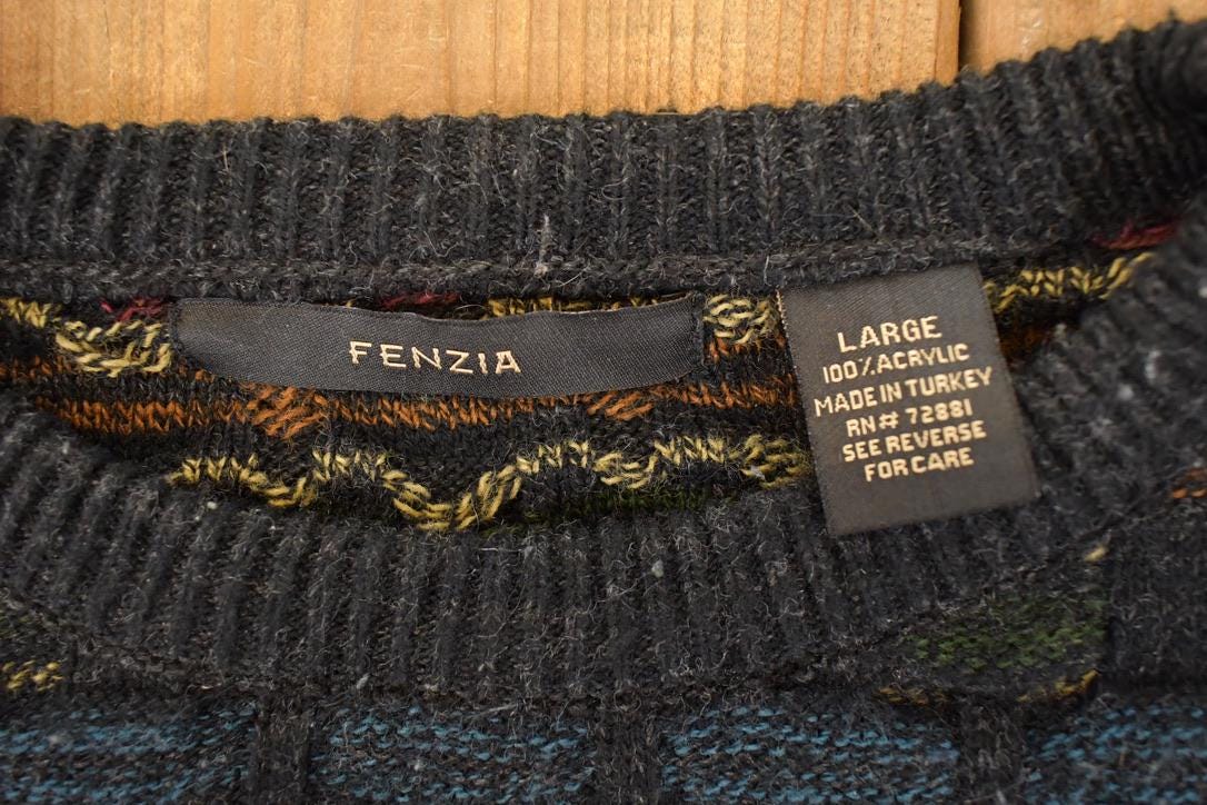 Vintage 1990s Fenzia Abstract Knit Crewneck Sweater Mens L - Image 3
