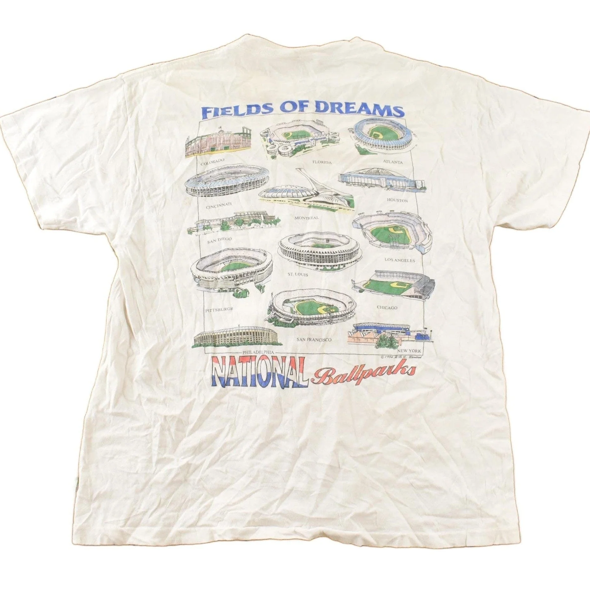 Vintage 1990s Fields Of Dreams American Baseball Ball Parks Graphic T Shirt Men's Large