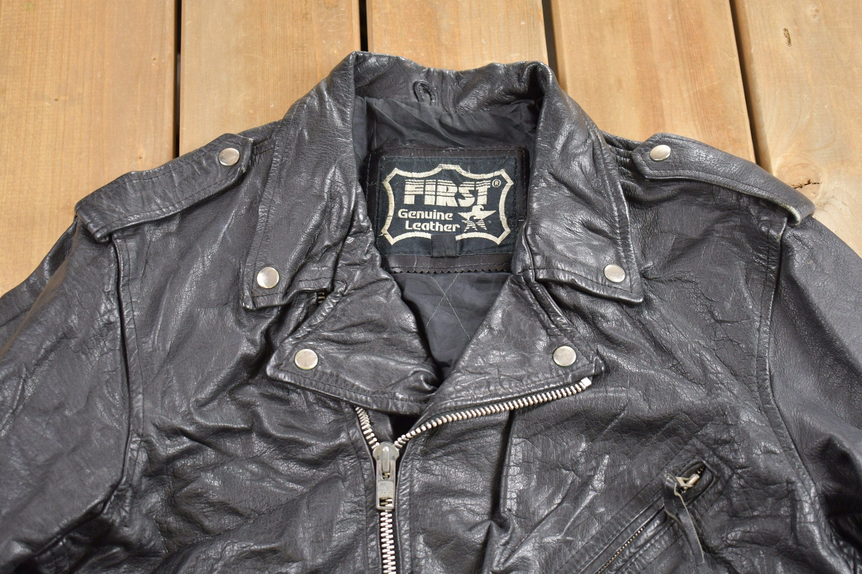 Vintage 1990s First Genuine Leather Biker Jacket Men's Large - Image 3
