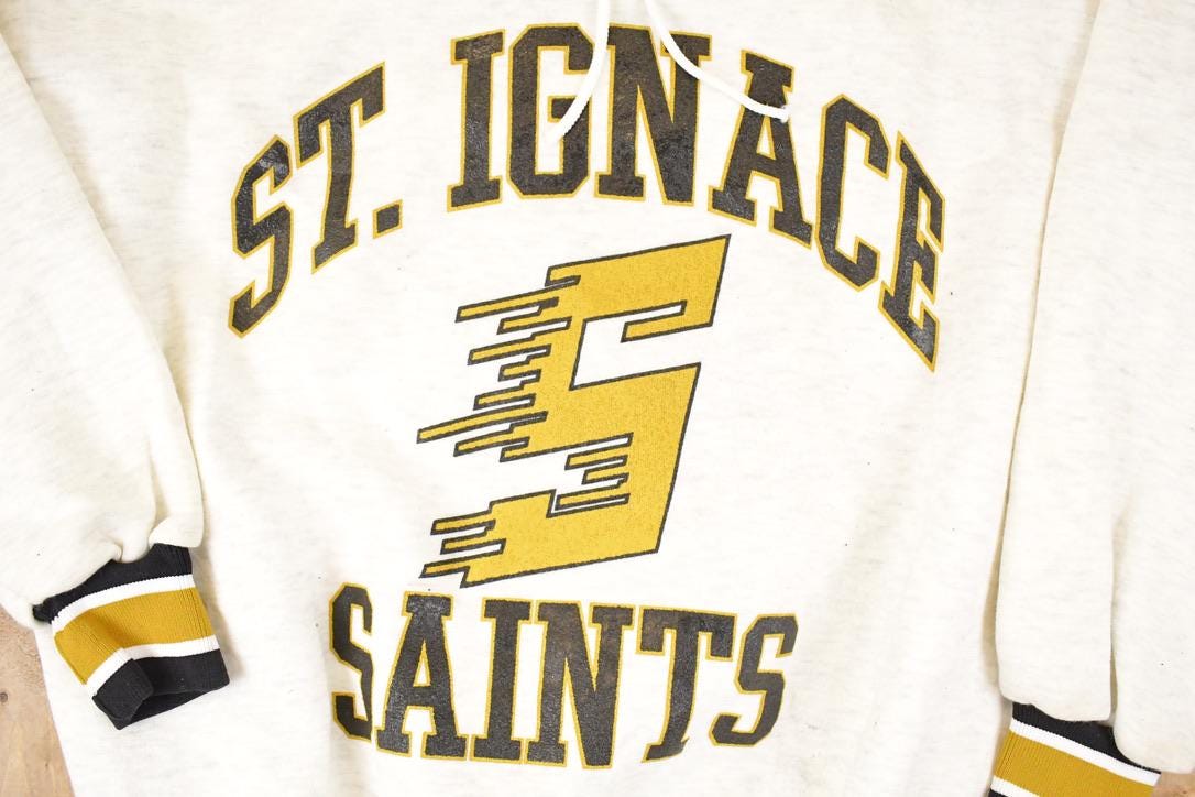 Vintage 1990s Fleece Tech St Ignace Saints University Tie Up Crewneck Sweater Men's XL - Image 3
