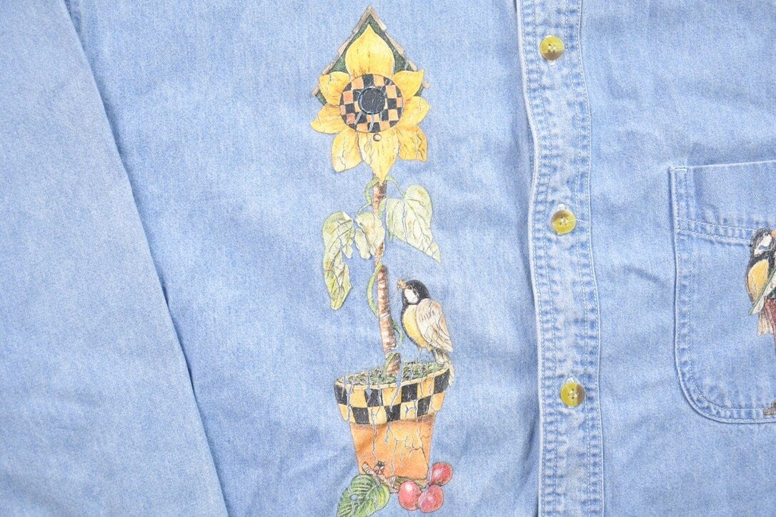 Vintage 1990s Floral Jean Button Up Shirt Men's Large - Image 4