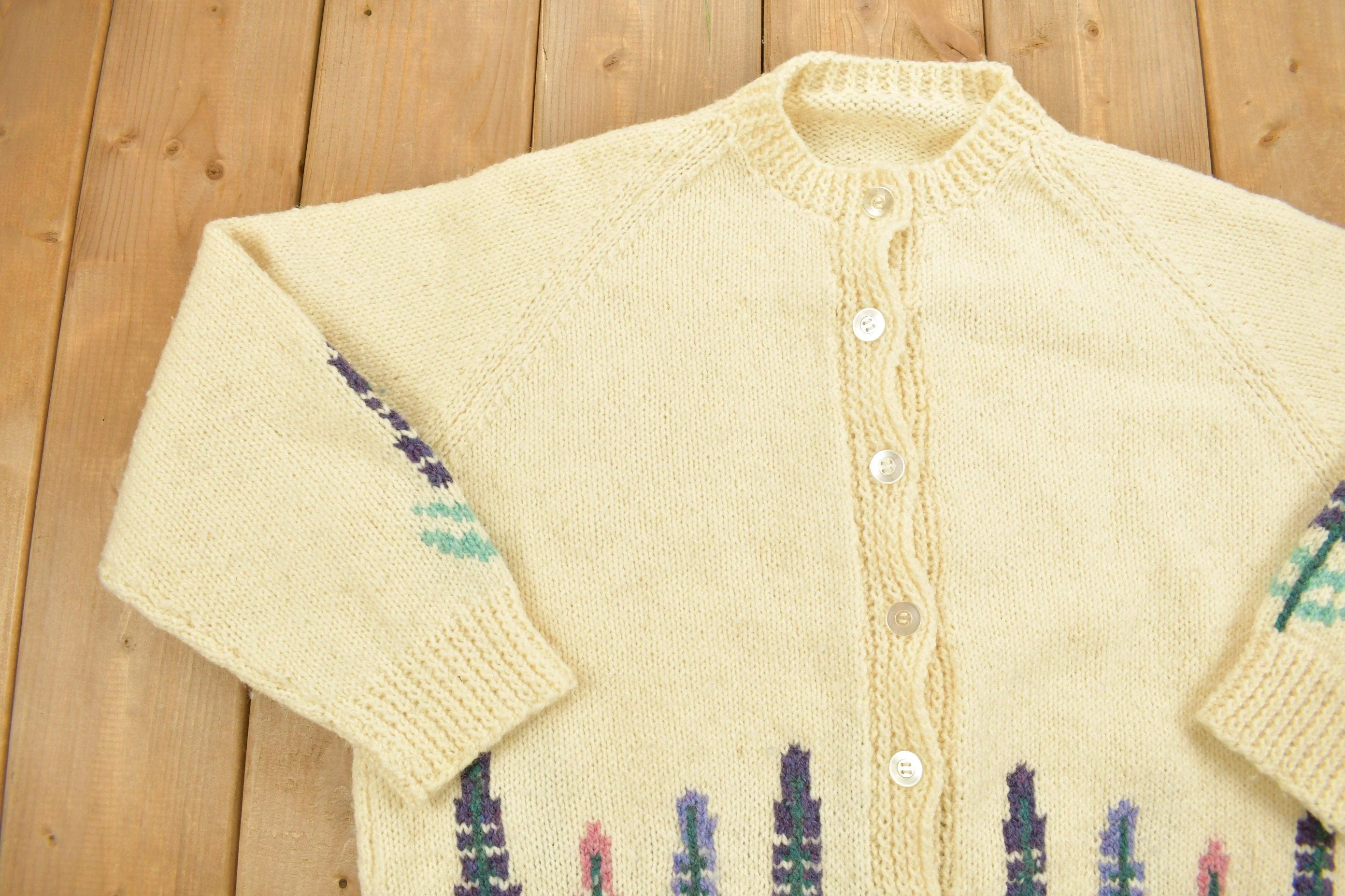Vintage 1990s Floral Theme Knit Cardigan Sweater Women's M - Image 3