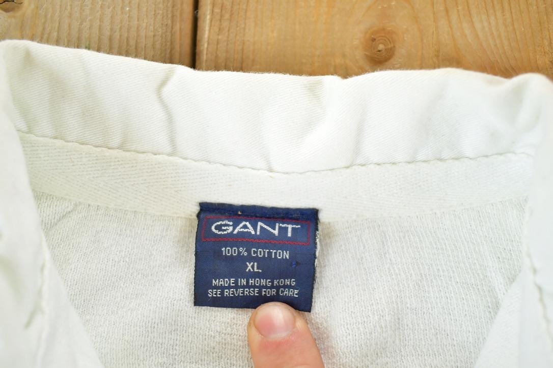 Vintage 1990s Gant Knit Abstract Pattern Quarter Button Striped Crewneck Sweater Men's XL - Image 3
