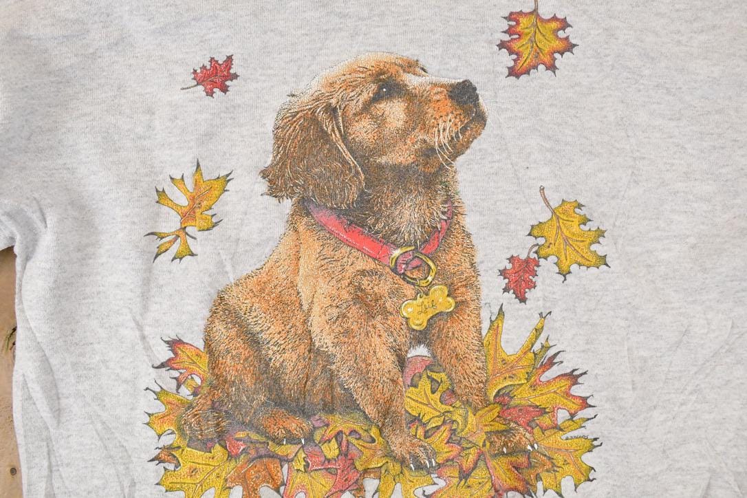 Vintage 1990s Golden Retriever Fall Puppy Graphic Print Crewneck Sweatshirt Womens L - Image 3