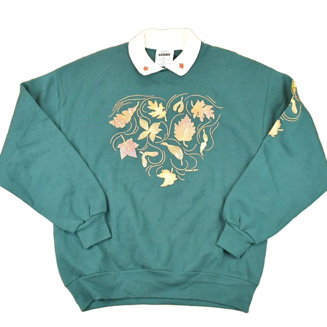Vintage 1990s Gopher Sport Collared Leaf Design Graphic Print Collared Sweatshirt Women's L