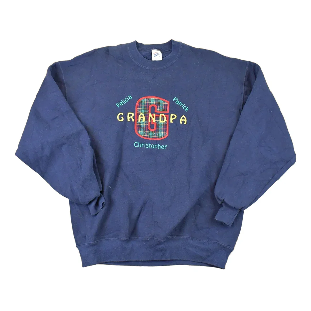 Vintage 1990s Grandpa Cute Embroidered Plaid G Crewneck Sweatshirt Mens L