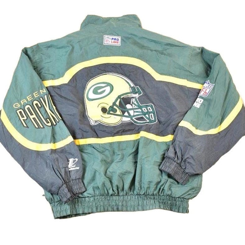 Vintage 1990s Green Bay Packers AOP Proline Logo Athletic NFL Football Warm Up Spring Jacket Men's Large
