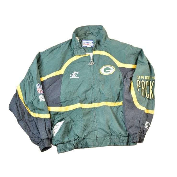 Vintage 1990s Green Bay Packers AOP Proline Logo Athletic NFL Football Warm Up Spring Jacket Men's Large - Image 2