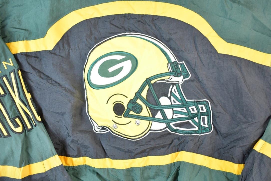 Vintage 1990s Green Bay Packers AOP Proline Logo Athletic NFL Football Warm Up Spring Jacket Men's Large - Image 4