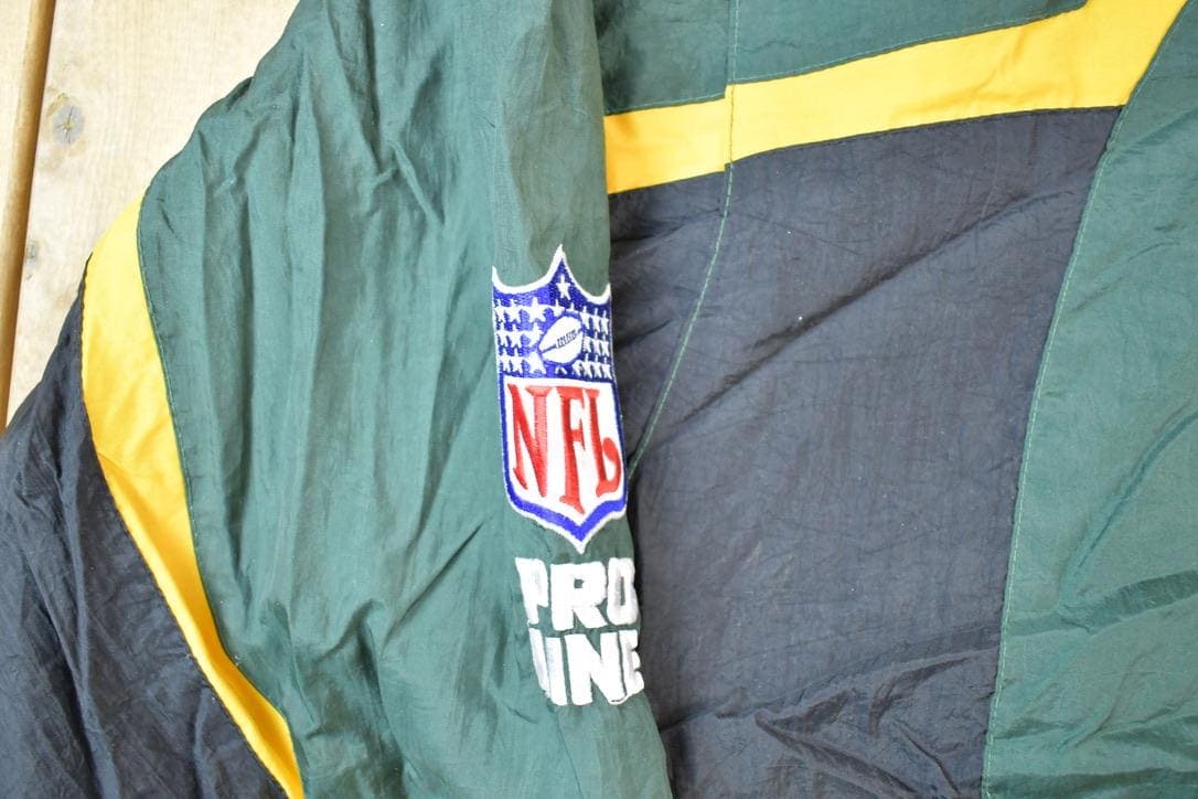 Vintage 1990s Green Bay Packers AOP Proline Logo Athletic NFL Football Warm Up Spring Jacket Men's Large - Image 7