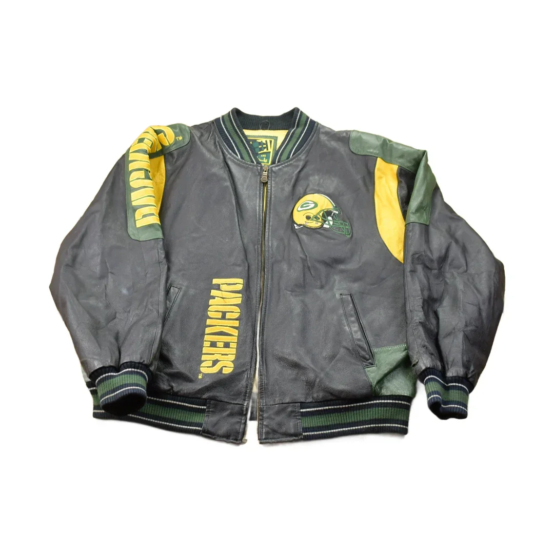 Vintage 1990s Green Bay Packers NFL Leather Bomber Jacket Men's XL