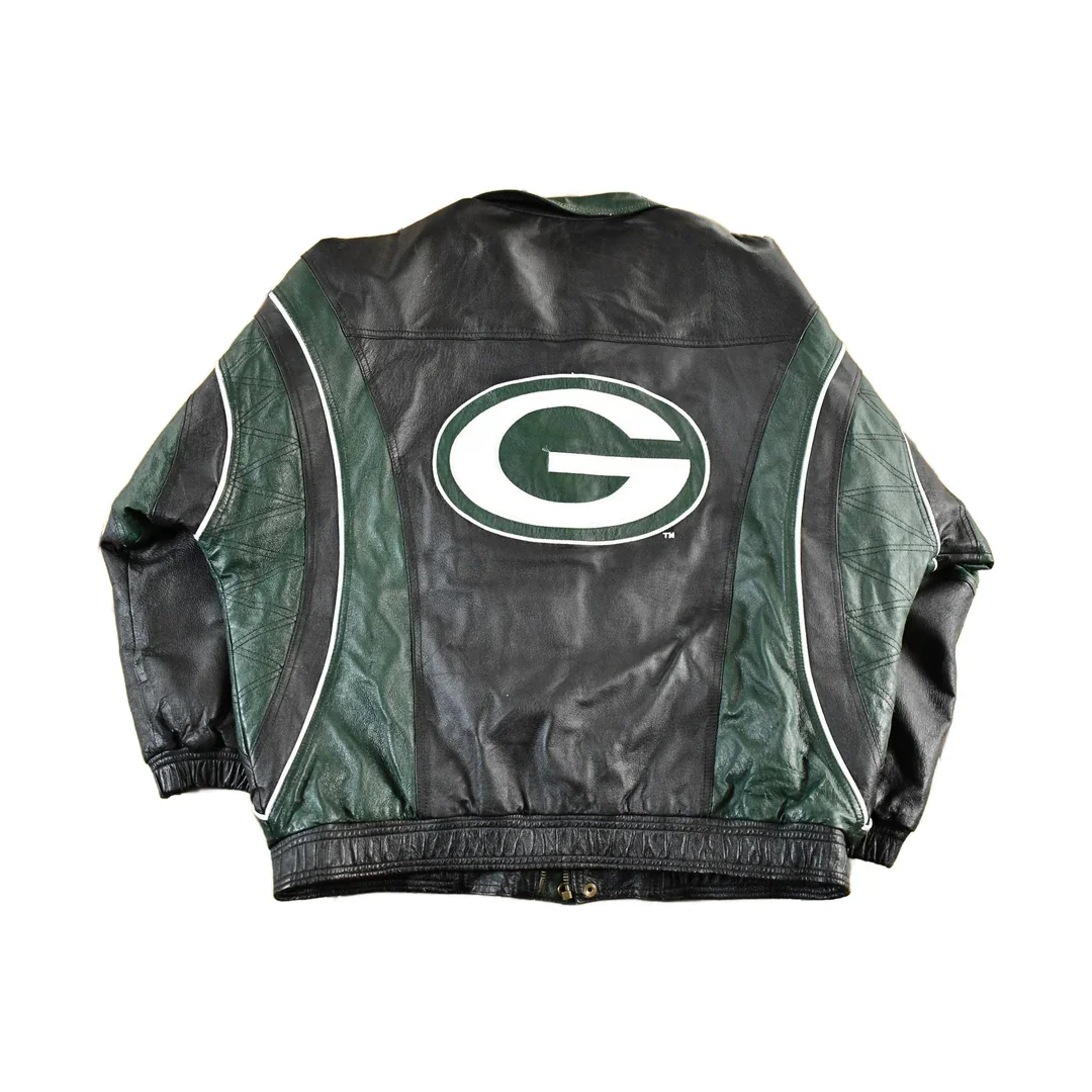 Vintage 1990s Green Bay Packers NFL Leather Jacket Men's Large - Image 2