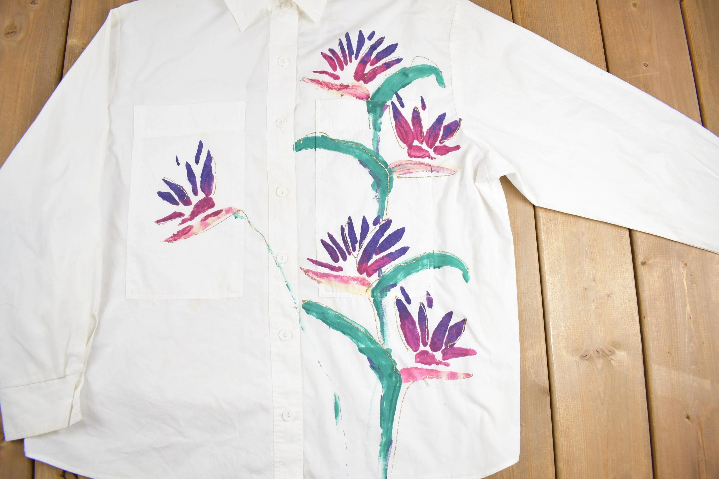Vintage 1990s Hand Painted Floral Button Up Shirt Men's 2XL - Image 3