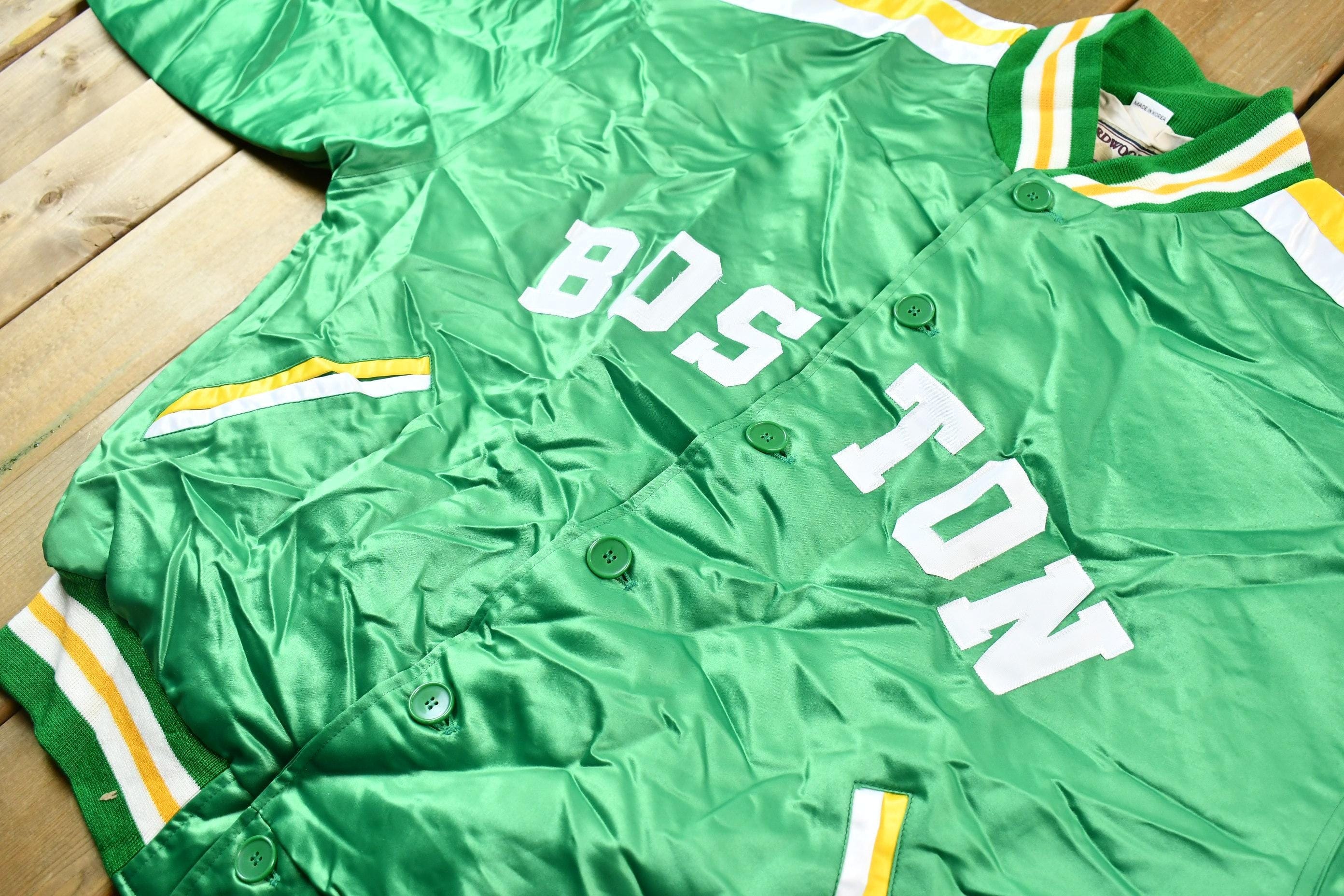 Vintage 1990s Hardwood Classics Bill Russell Boston Celtics NBA Basketball Embroidered Snap Button Satin Bomber Jacket Men's XL - Image 4