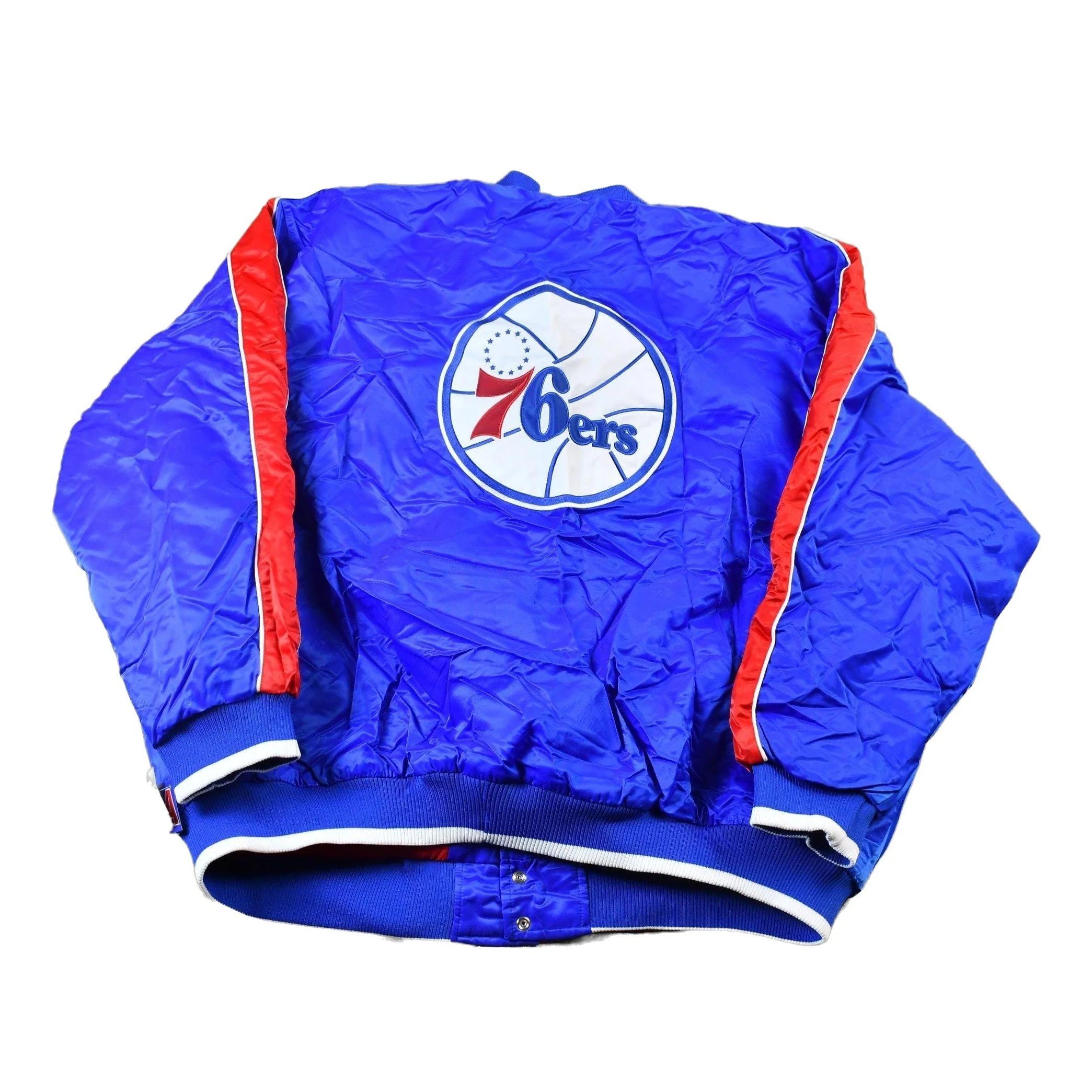 Vintage 1990s Hardwood Classics Philadelphia 76ers NBA Basketball Embroidered Snap Button Satin Bomber Jacket Men's 3XL - Image 2