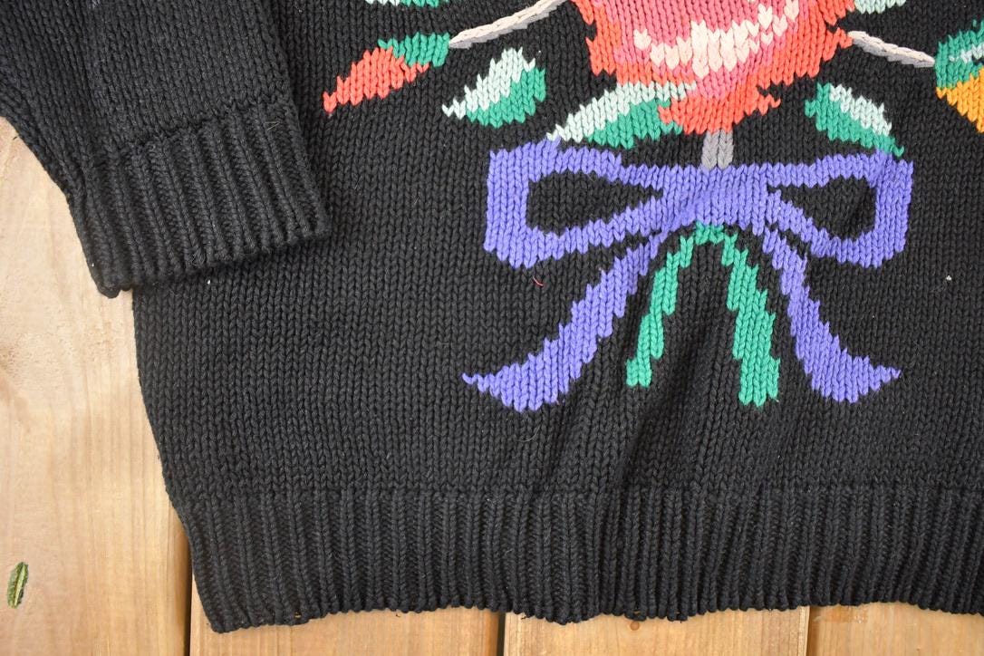 Vintage 1990s Hasting And Smith Floral Loose Knit Sweater Women's M - Image 4