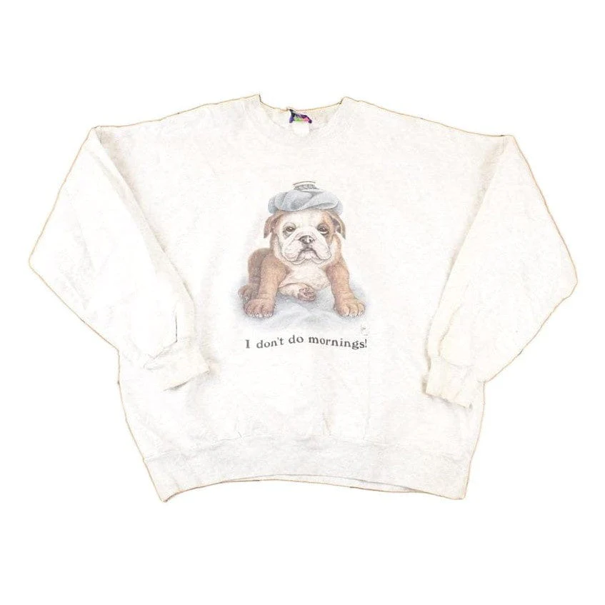 Vintage 1990s I Don't Do Mornings Bulldog Graphic Print Crewneck Sweatshirt Men's XL