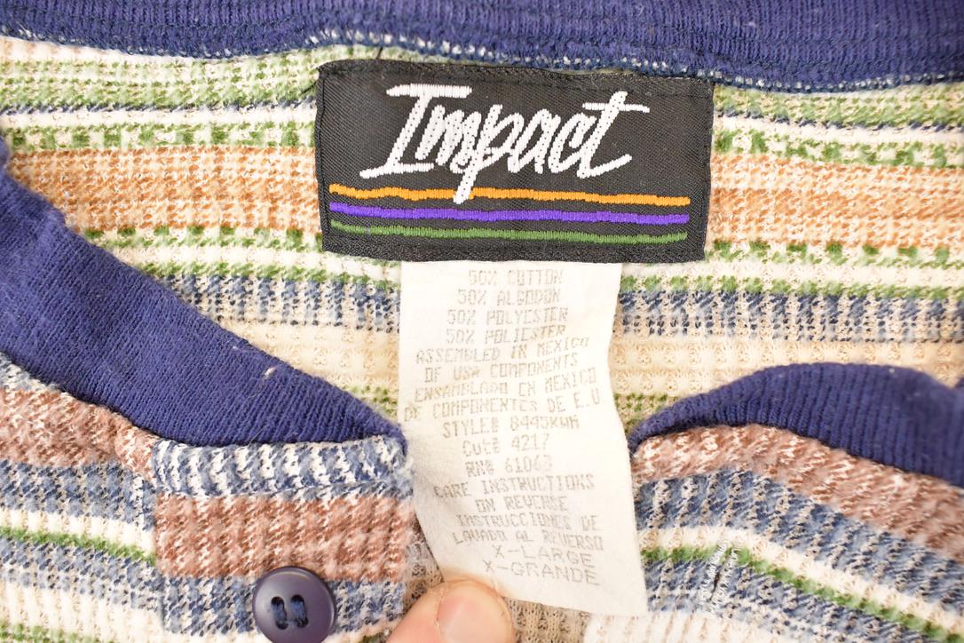 Vintage 1990s Impact Knit Striped Souvenir Travel T-Shirt Men's XL - Image 4