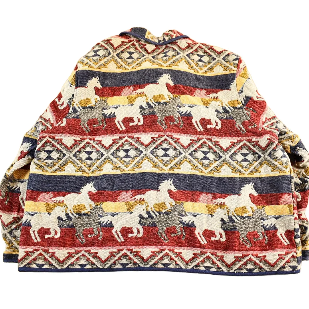 Vintage 1990s Jane Ashley Horses Animal Print Tapestry Patchwork Knit Jacket Women's 3X - Image 2