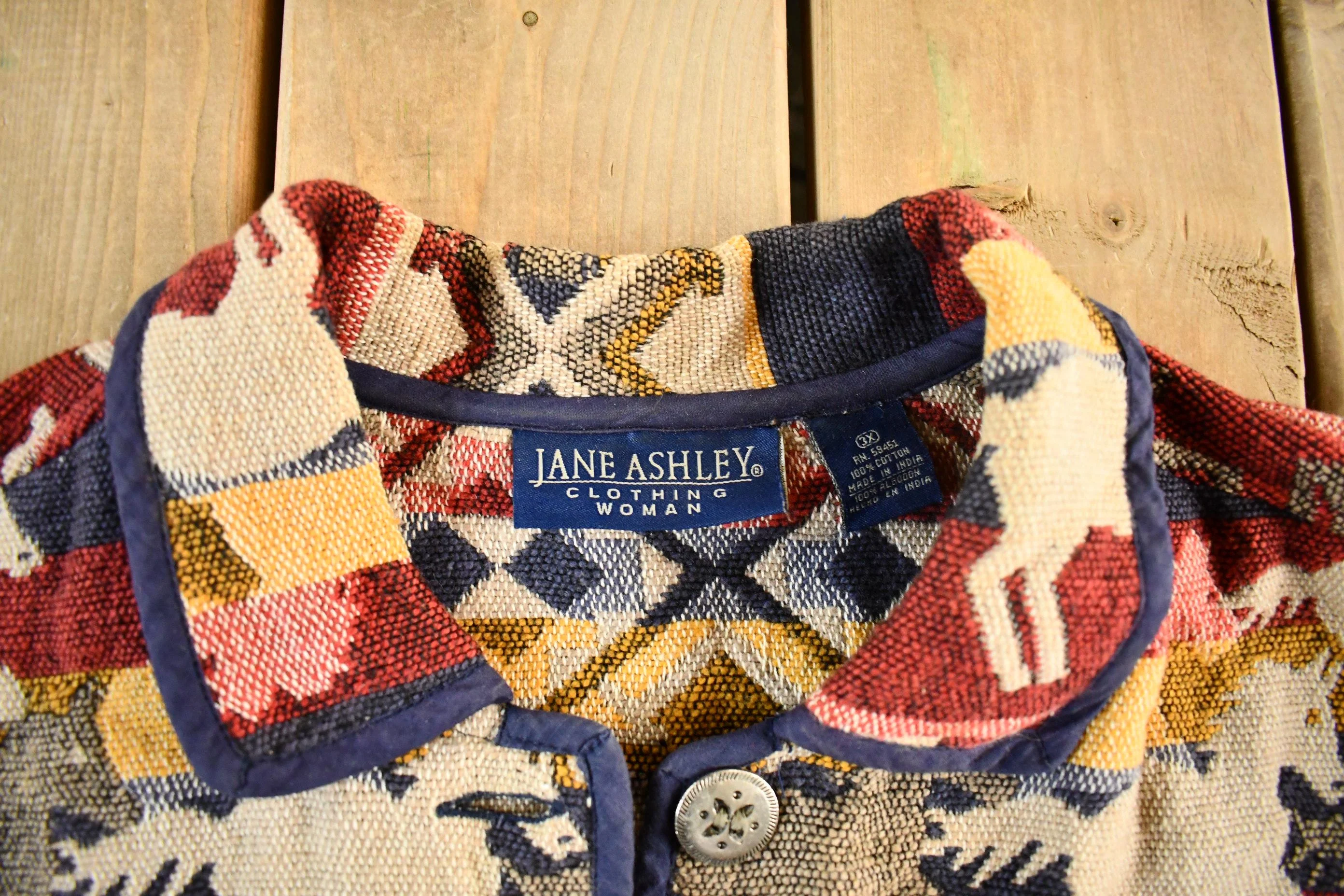 Vintage 1990s Jane Ashley Horses Animal Print Tapestry Patchwork Knit Jacket Women's 3X - Image 5