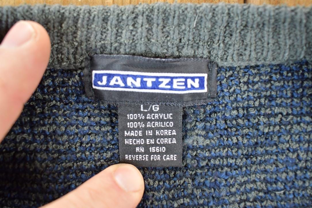 Vintage 1990s Jantzen Knit Abstract Pattern Cardigan Sweater Mens L - Image 5
