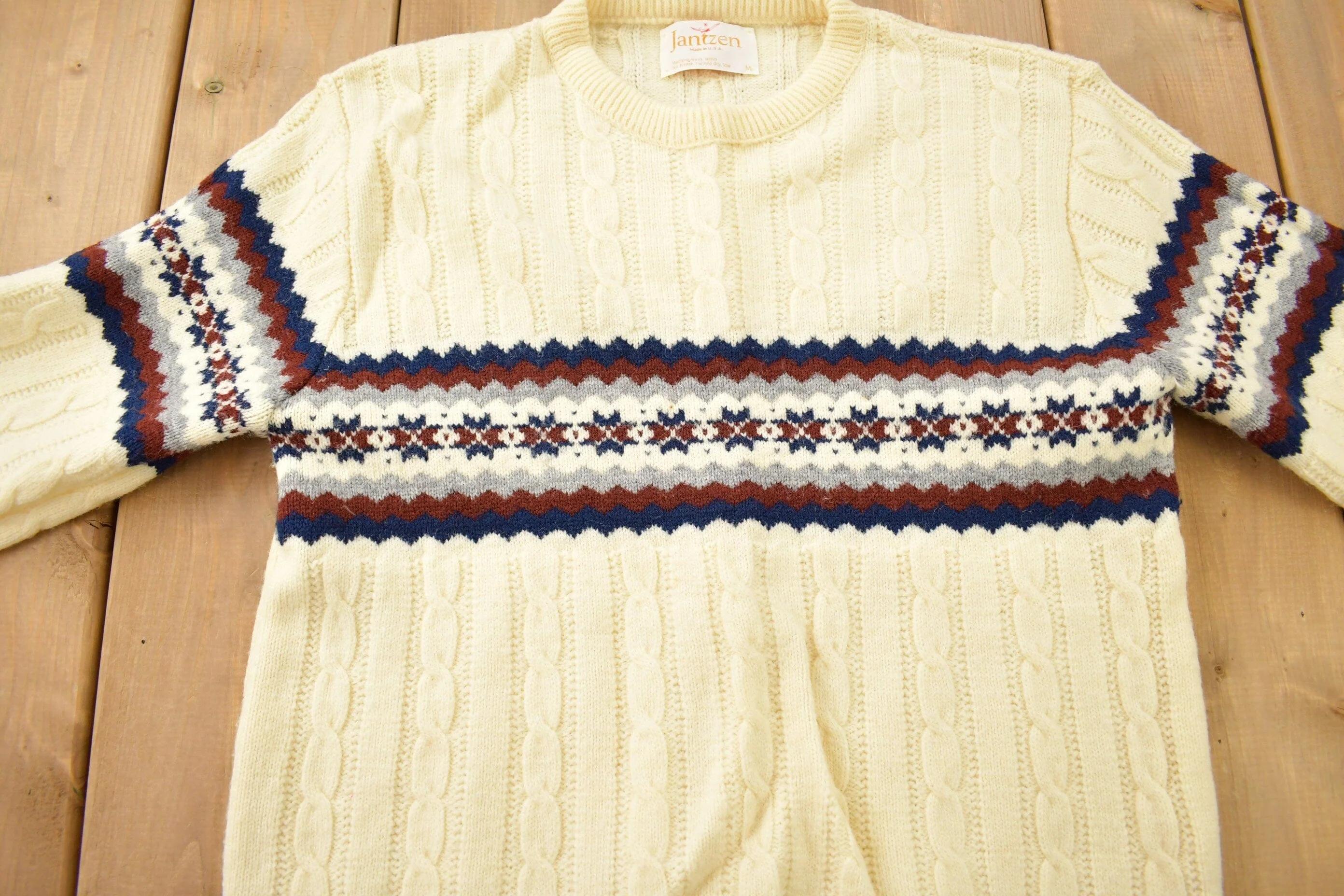 Vintage 1990s Jantzen Knitted Crewneck Sweater Men's Medium - Image 3