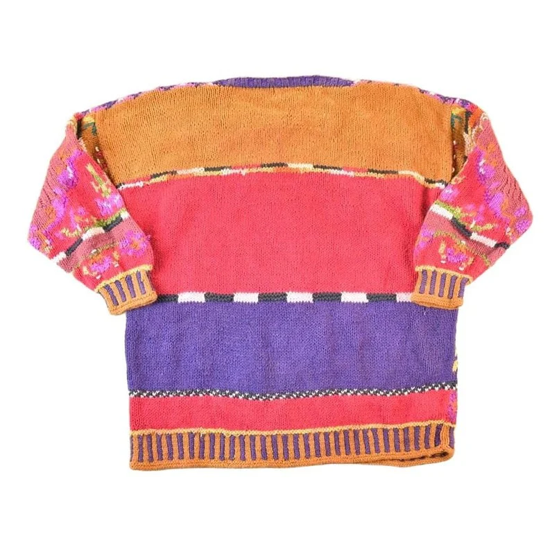 Vintage 1990s Jennifer Reed Knitted By Hand Chunky Knit AOP Abstract Floral Pattern Crewneck Sweater Women's L - Image 2