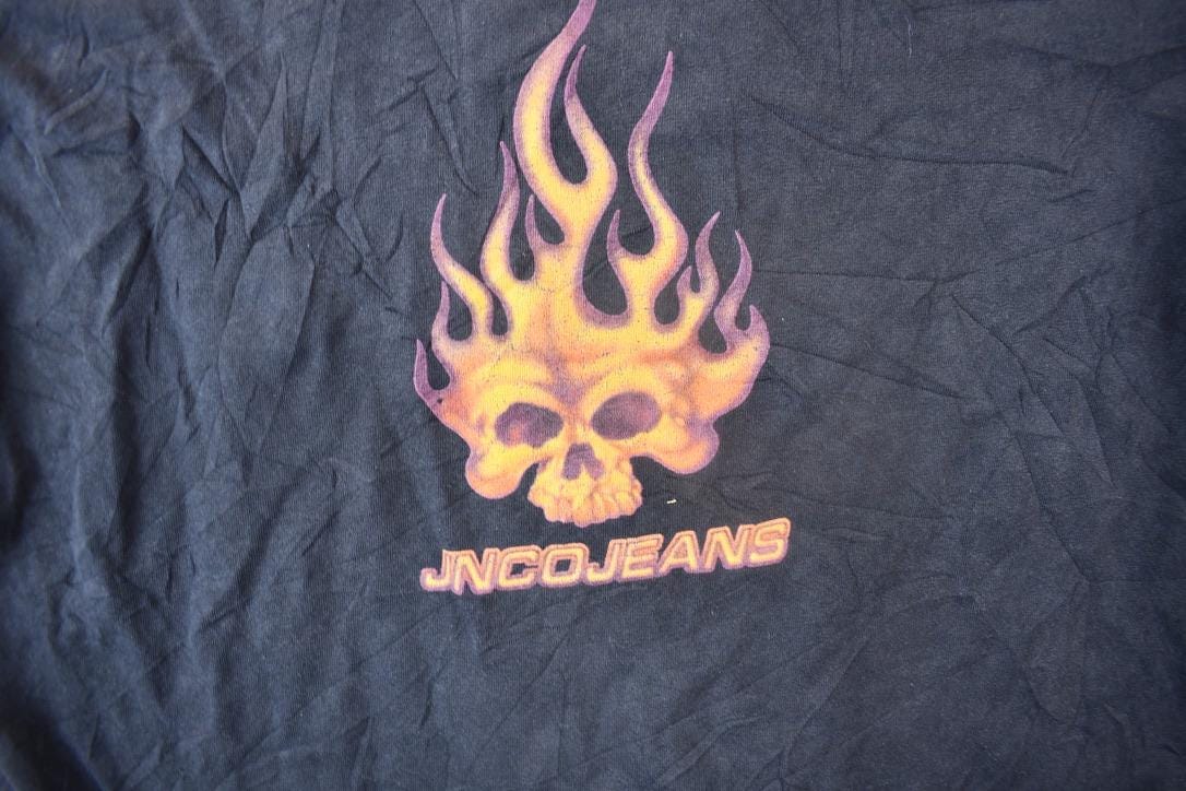 Vintage 1990s JNCO Jeans Skull Flame Graphic T Shirt Men's Large - Image 3