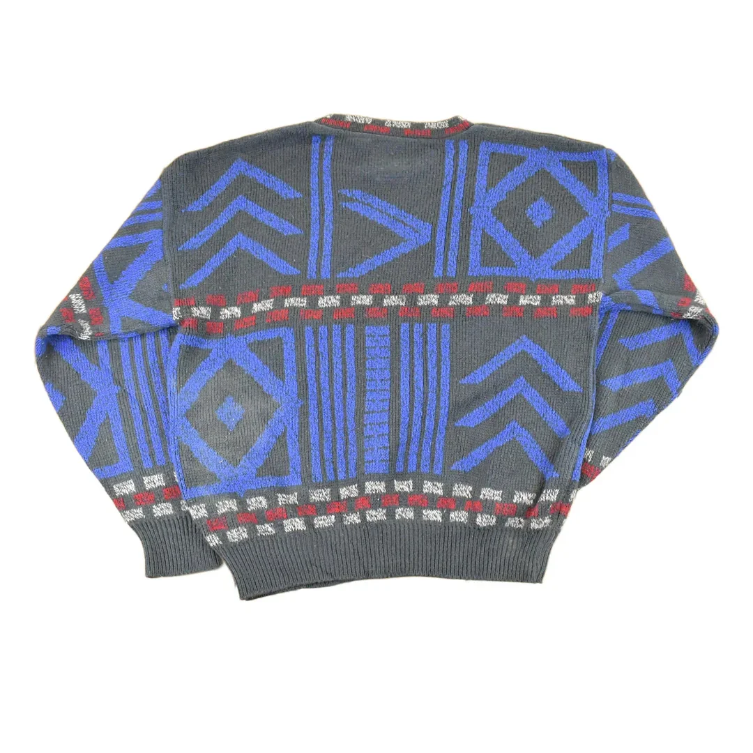 Vintage 1990s K Cosa Leather Patch Abstract Knit Crewneck Sweater Men's L - Image 2