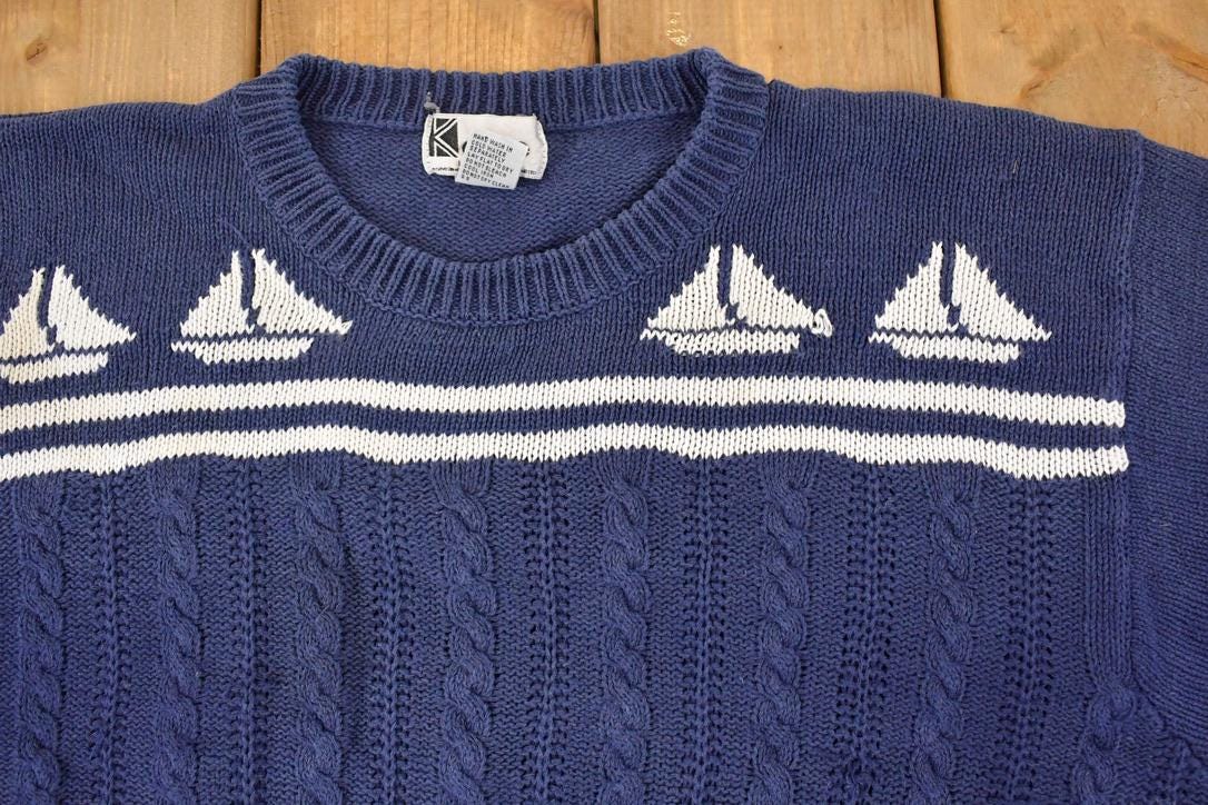 Vintage 1990s Kobe Nautical Cable Knit Crewneck Sweater Mens L - Image 3