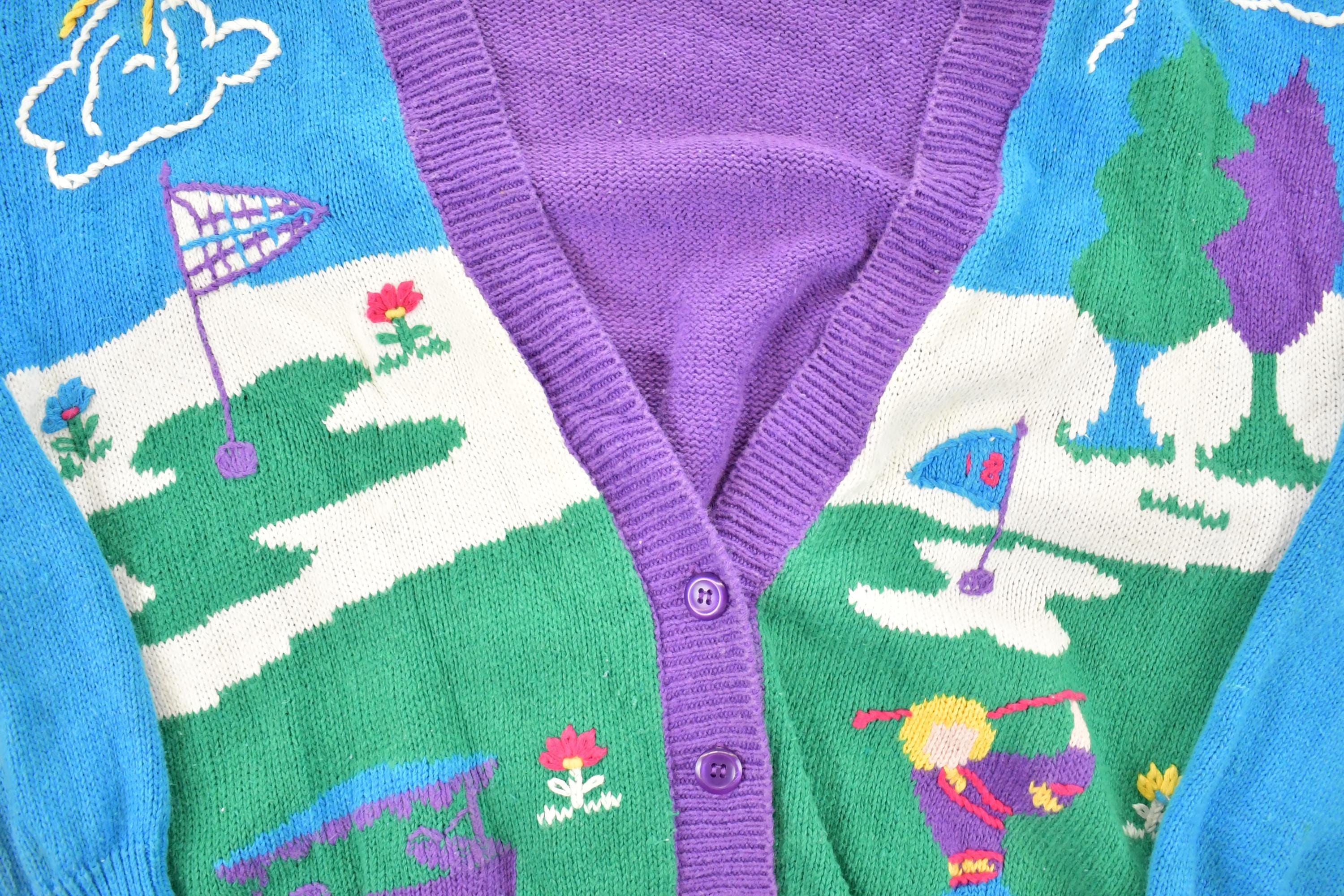 Vintage 1990s Koret Sport AOP Golfing Abstract Knit Cardigan Sweater Women's M - Image 3