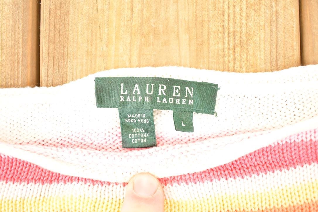 Vintage 1990s Lauren Ralph Lauren Striped Knit Crewneck Sweater Women's Cropped L - Image 3