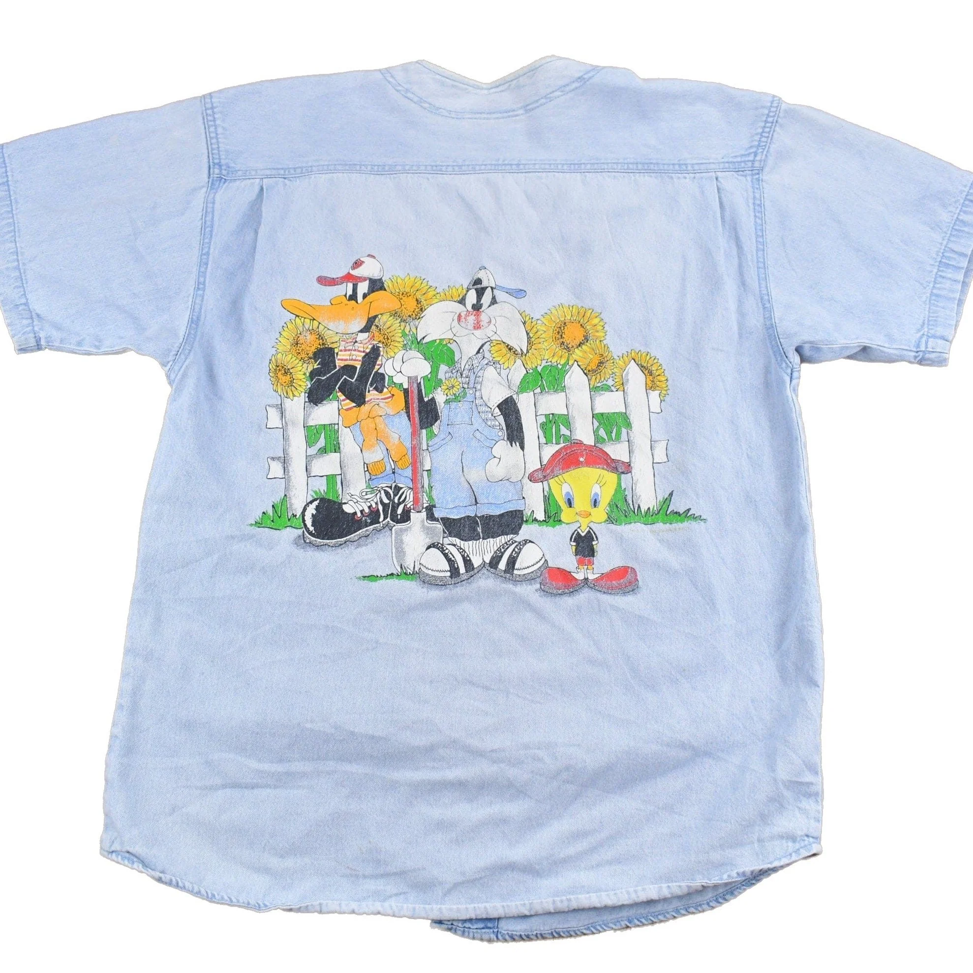 Vintage 1990s Looney Tunes Embroidered Button Up Denim Shirt Men's Medium