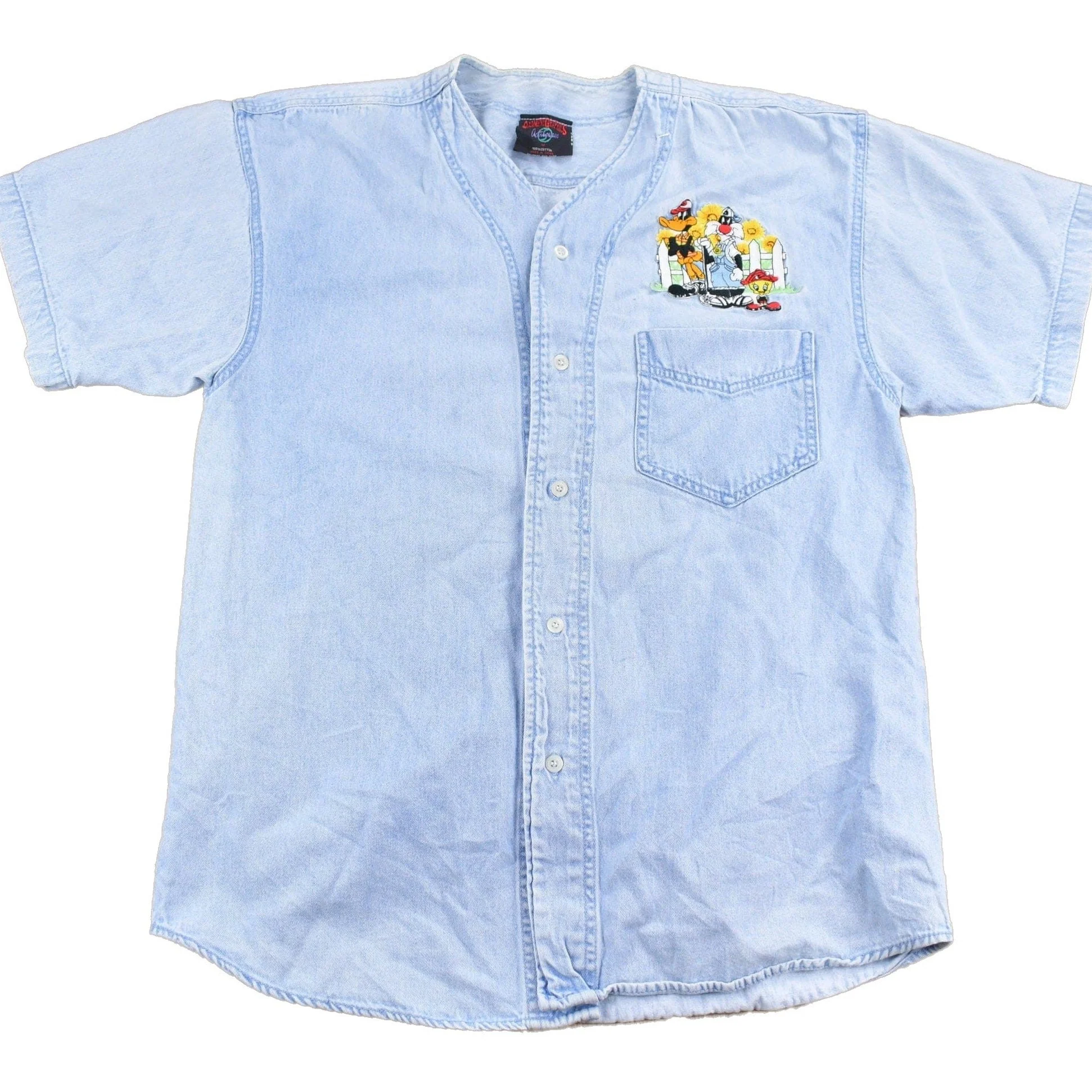 Vintage 1990s Looney Tunes Embroidered Button Up Denim Shirt Men's Medium - Image 2