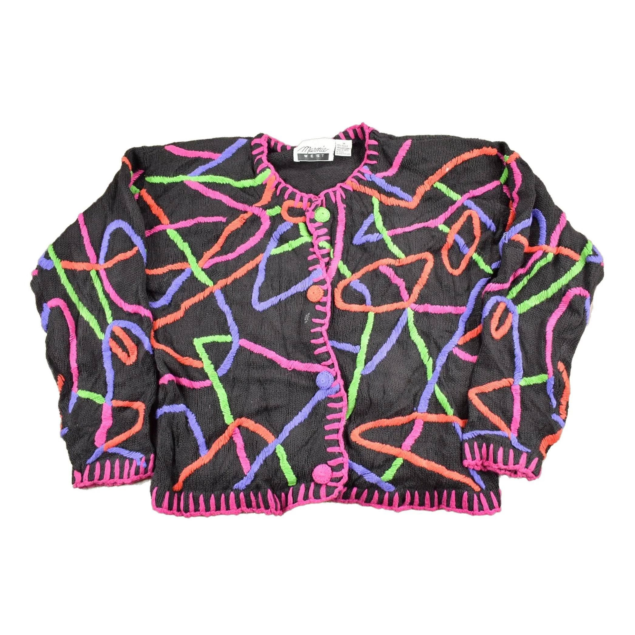 Vintage 1990s Marmie West Neon Abstract Pattern Knit Cardigan Sweater Men's Small