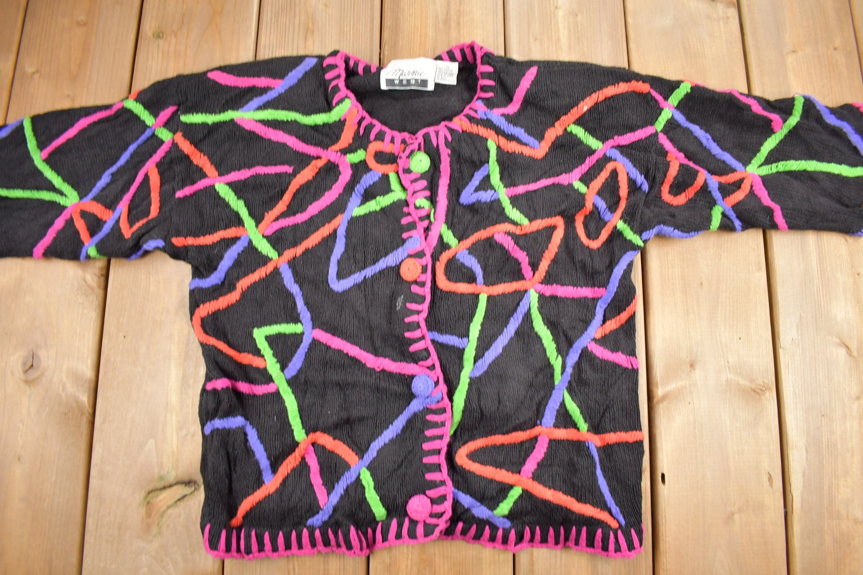 Vintage 1990s Marmie West Neon Abstract Pattern Knit Cardigan Sweater Men's Small - Image 3