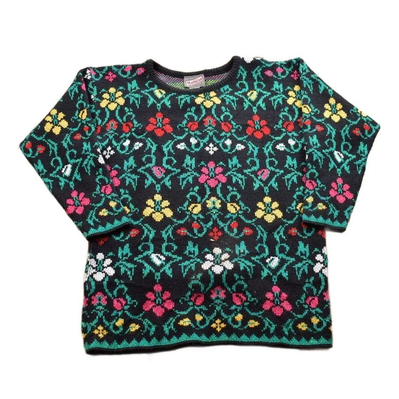 Vintage 1990s Mathias Knitted Floral Crewneck Sweater Men's Small