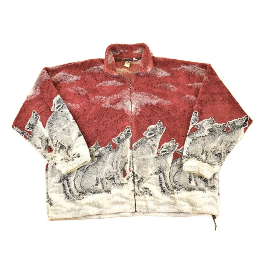 Vintage 1990s Mazmania AOP Howling Wolves Fleece Outdoorsman Sweater Men's XXL