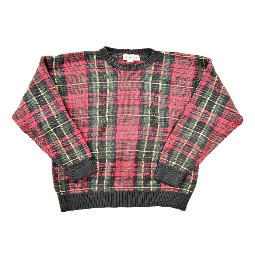 Vintage 1990s Merona Knit Plaid AOP Crewneck Sweater Mens L