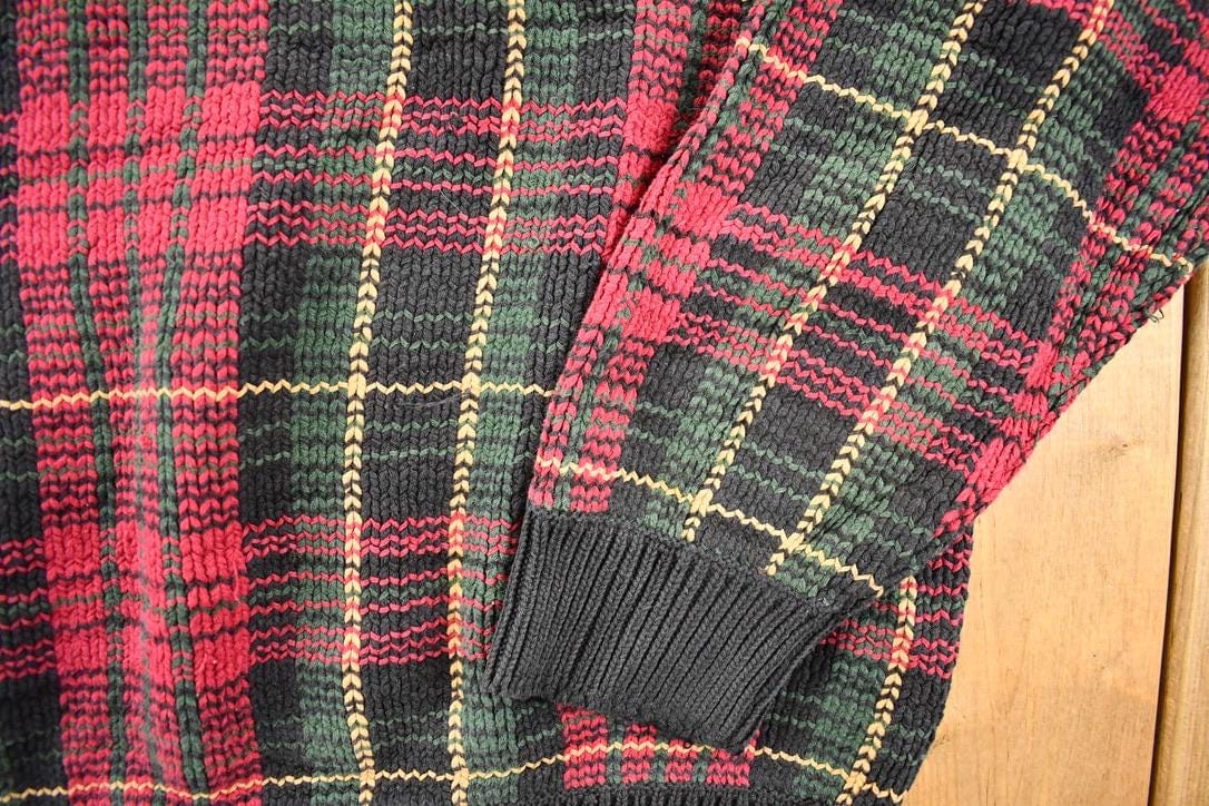 Vintage 1990s Merona Knit Plaid AOP Crewneck Sweater Mens L - Image 3