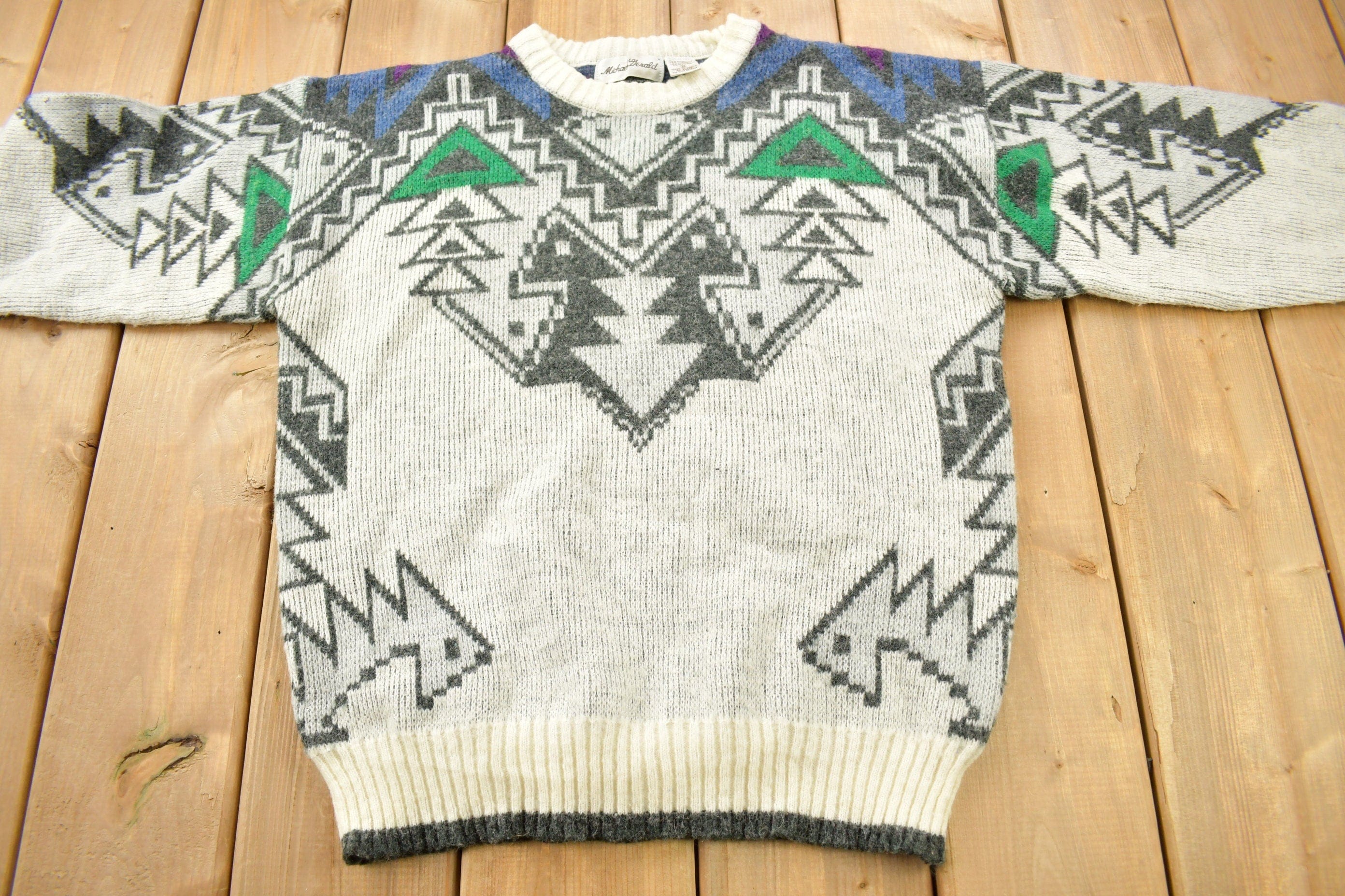 Vintage 1990s Michael Gerald Aztec Theme Knitted Sweater Men's Medium - Image 3