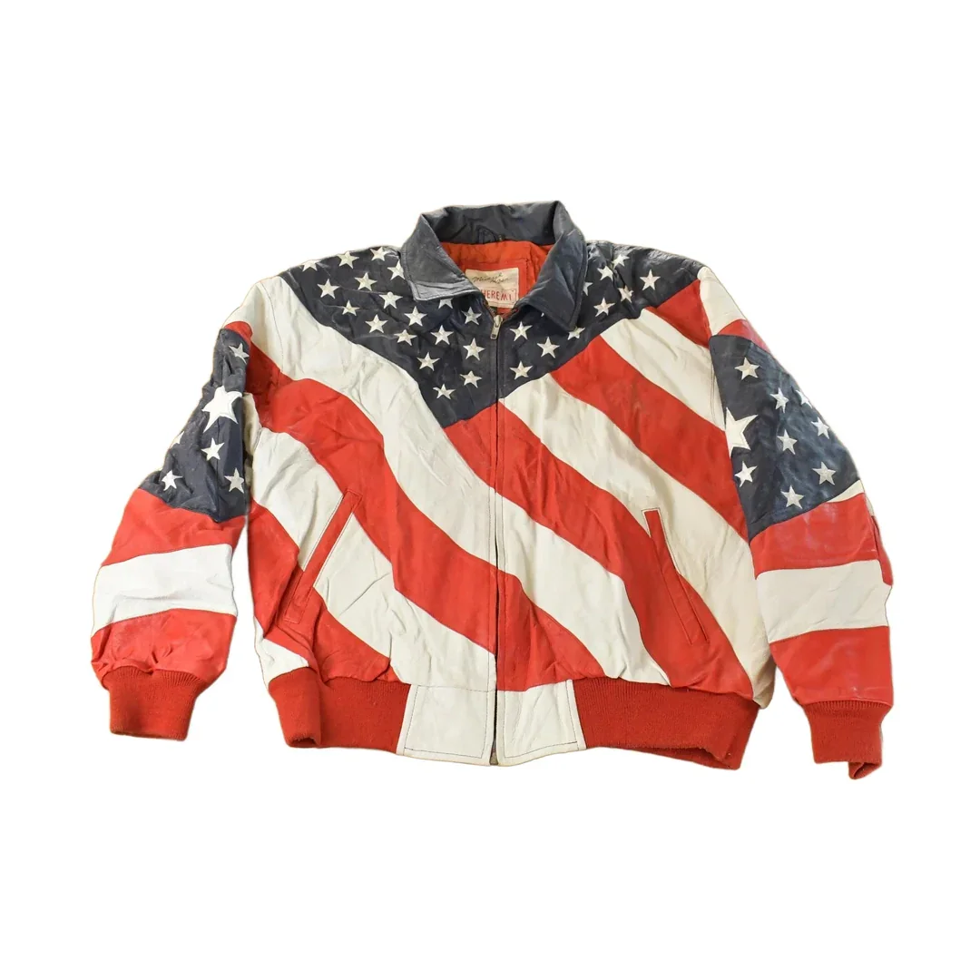 Vintage 1990s Michael Hoban Wheremi American Flag USA Leather Jacket Men's XL