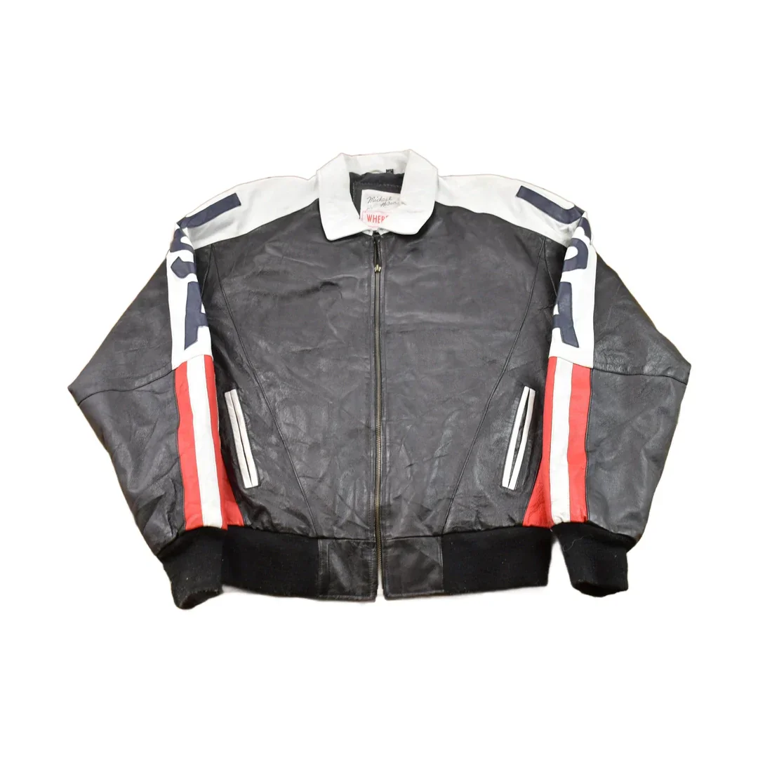 Vintage 1990s Michael Hoban Wheremi American Flag USA Leather Varsity Jacket Men's Medium - Image 2