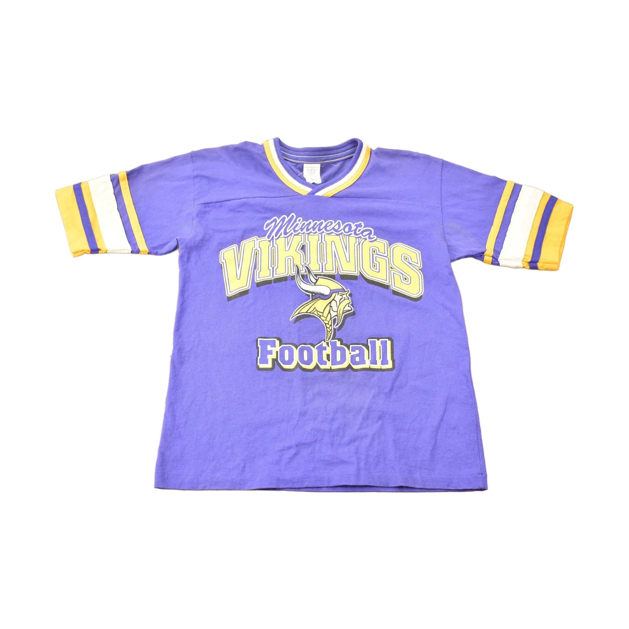 Vintage 1990s Minnesota Vikings V Neck Ringer NFL Graphic T-Shirt Youth Large