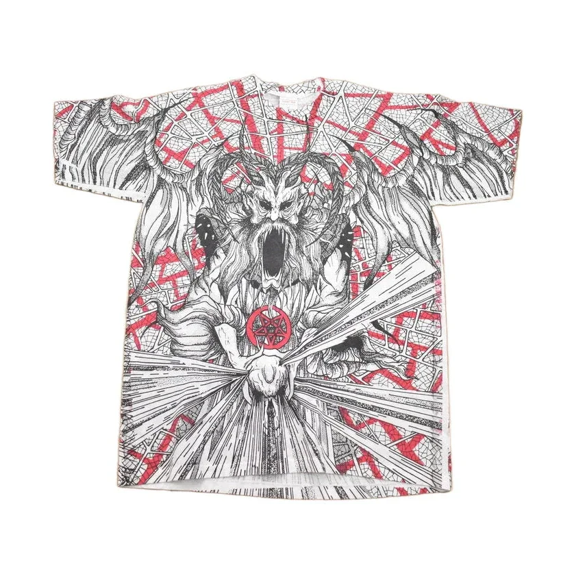 Vintage 1990s Morbid Rags Demon Graphic All Over Print T-Shirt Men's Large