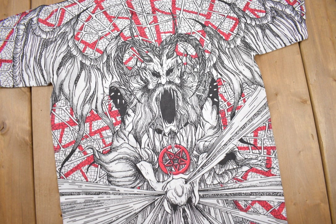 Vintage 1990s Morbid Rags Demon Graphic All Over Print T-Shirt Men's Large - Image 3