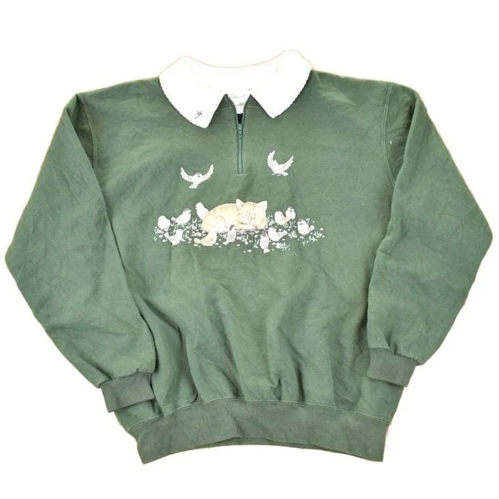 Vintage 1990s Morning Sun Sleeping Kitty Cat Quarter Zip Collared Crewneck Sweatshirt Women's L
