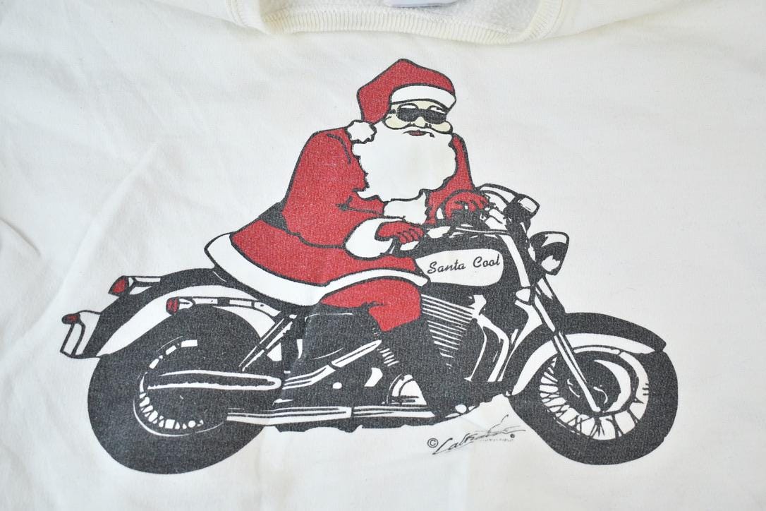Vintage 1990s Motorcycle Santa Crewneck Sweatshirt Men's Large - Image 4