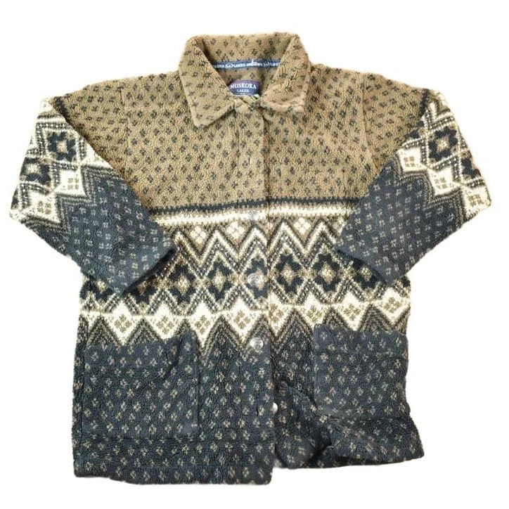 Vintage 1990s Muskoka Lakes All Over Print Abstract Pattern Button Up Fleece Sweater Mens L
